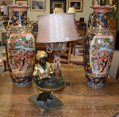 Lot 454 - A large pair of decorative Satsuma style floor vases together with a composite figural...