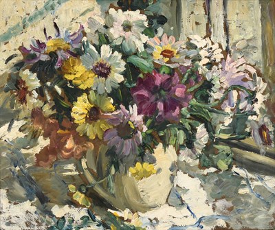 Lot 2115 - Dorothea Sharp ROI, RBA (1874-1955) Still life of summer flowers in a white glazed jug Oil on...