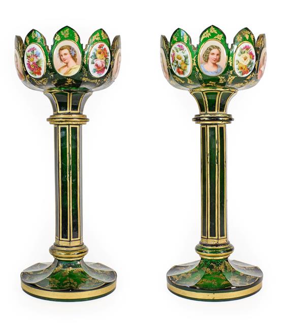 Lot 2 - A Pair of Bohemian White Overlay Green Glass Table Lustres, late 19th century, the castellated...