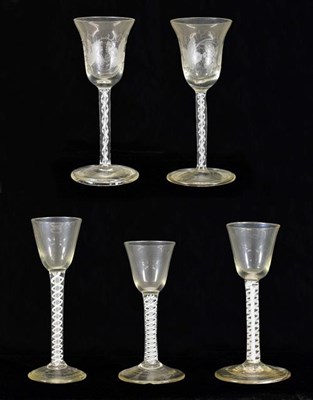 Lot 3 - A Wine Glass, circa 1750, the rounded funnel bowl on an opaque twist stem, 15.5cm high; Two Similar
