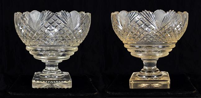 Lot 4 - A Pair of Anglo-Irish Cut Glass Pedestal Bowls, early 19th century, of ovoid form with fan and...