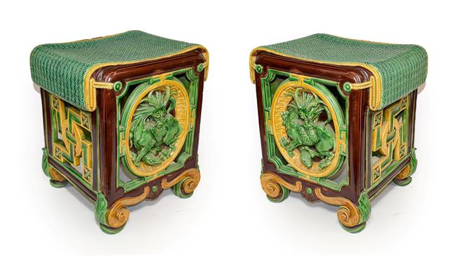 Lot 28 - A Pair of Minton Majolica Garden Seats, 1863, of square form with faux rattan seats over...
