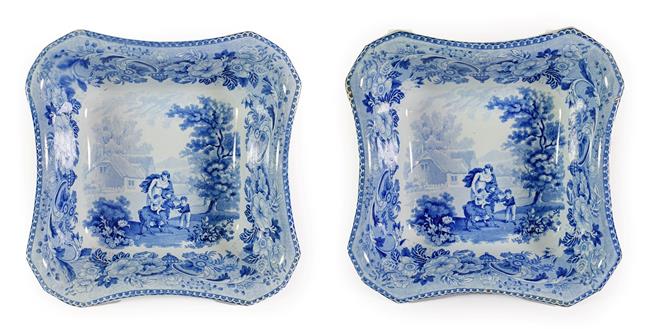 Lot 30 - A Pair of Pearlware Pedestal Bowls, circa 1820, of shaped rectangular form, printed in...