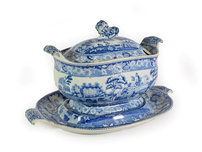 Lot 31 - A Pearlware Soup Tureen, Cover and Stand, circa 1830, with recumbent lion knop and scroll...