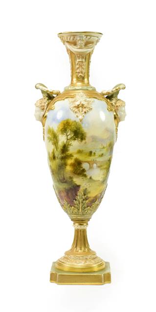 Lot 43 - A Royal Worcester Porcelain Vase, by Frank Roberts, 1911, of slender baluster form with mask...