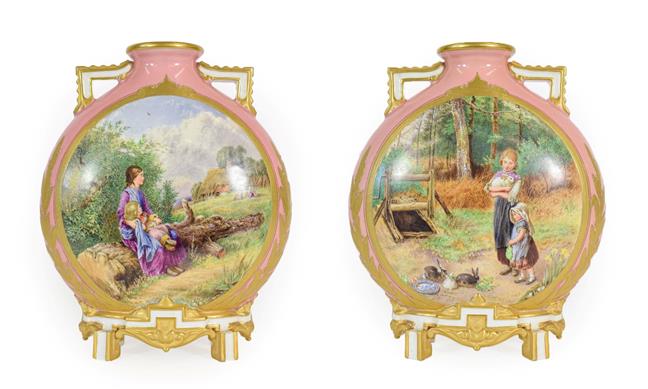 Lot 45 - A Pair of Royal Worcester Porcelain Moon Flasks, circa 1872, with moulded angular handles and feet