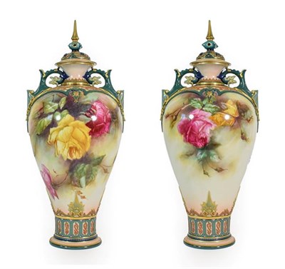 Lot 46 - A Pair of Royal Worcester Hadley Ware Vases and Covers, painted by William Jarman, circa 1905,...