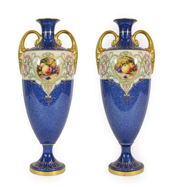 Lot 47 - A Pair of Royal Worcester Porcelain Vases, painted by Horace Price, 1921, of twin-handled...