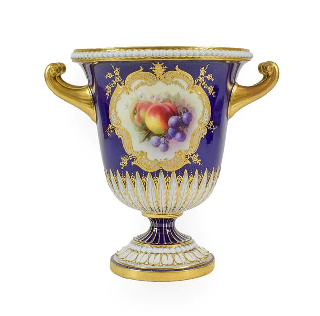 Lot 49 - A Royal Worcester Porcelain Twin-Handled Campana Vase, by Richard Sebright, 1909, painted with...
