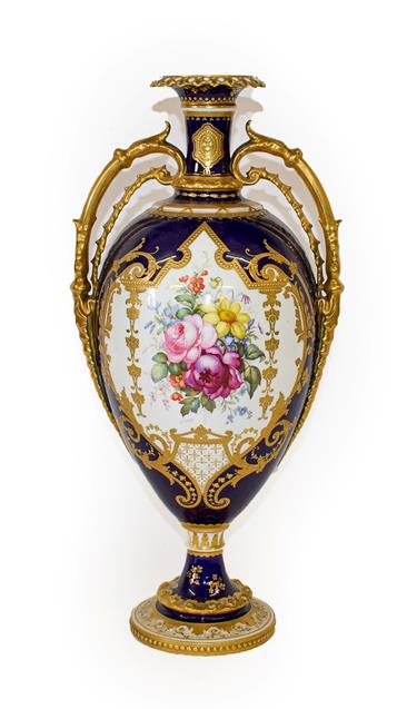 Lot 52 - A Royal Crown Derby Porcelain Twin-Handled Baluster Vase, 1897, painted by Albert Gregory with...