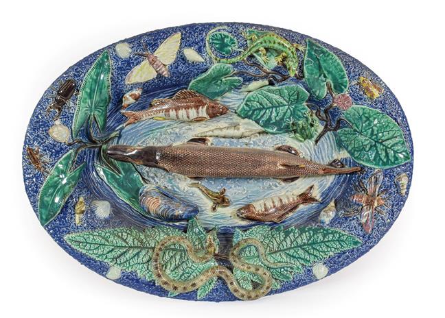 Lot 55 - A Palissy Style Earthenware Dish, late 19th century, of oval form, moulded and applied with...