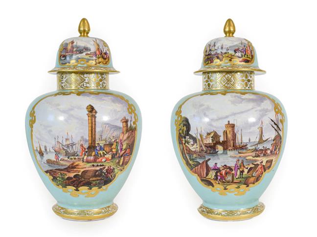 Lot 56 - A Pair of Helena Wolfsohn Porcelain Vases and Covers, 19th century, of ovoid form, painted with...