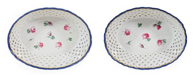 Lot 57 - A Pair of Doccia Porcelain Baskets, circa 1780, of oval form, painted with rose sprigs and buds...