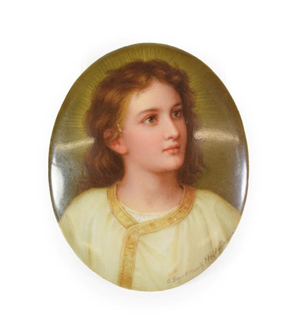 Lot 66 - A Heubach Porcelain Plaque, circa 1900, painted by Hoffmann with bust portrait of a youth wearing a