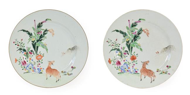 Lot 82 - A Pair of Chinese Porcelain Plates, Qianlong, painted with famille rose enamels with a deer and...