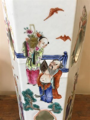Lot 85 - A Chinese Porcelain Hexagonal Hat Stand, with quatrefoil piercing, painted in famille rose...