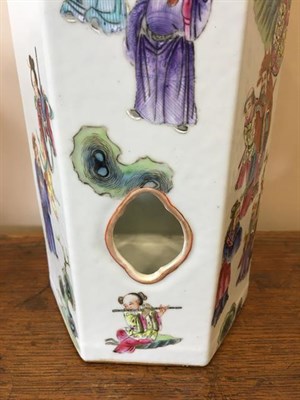 Lot 85 - A Chinese Porcelain Hexagonal Hat Stand, with quatrefoil piercing, painted in famille rose...