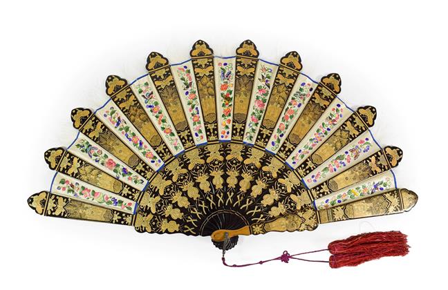 Lot 87 - A Chinese Lacquer and Silk Mandarin Fan, mid 19th century, the silk panels embroidered with...