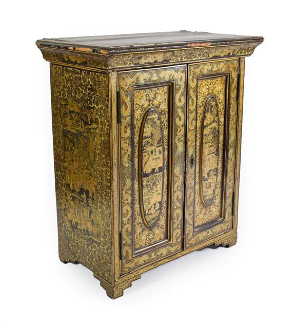 Lot 95 - A Chinese Export Lacquer Table Cabinet, mid 19th century, the cavetto cornice over two panelled...