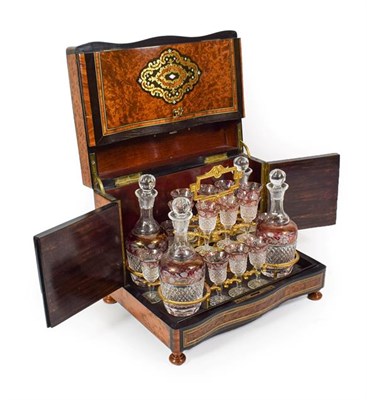 Lot 109 - A French Brass and Mother-of-Pearl Inlaid Burr Walnut and Ebonised Travelling Decanter Box, of...