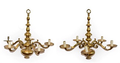 Lot 115 - A Matched Pair of Dutch Brass Five-Light Chandeliers, in 17th century style, with baluster and vase