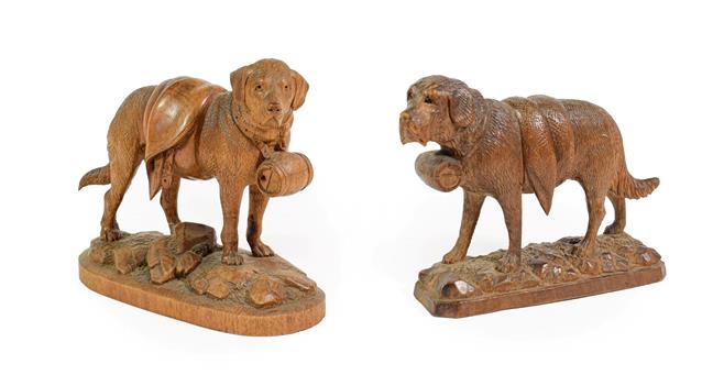 Lot 118 - A Pair of Black Forest Carved Figures of St Bernards, early 20th century, naturalistically modelled