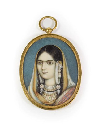Lot 130 - Anglo-Indian School (mid 19th century): Miniature Bust Portrait of a Girl, wearing a headscarf...
