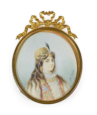Lot 131 - French School (mid 19th century): Miniature Bust Portrait of a Young Lady, in traditional...