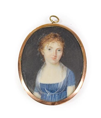 Lot 133 - French School (late 18th century): Miniature Bust Portrait of a Girl, wearing a blue...