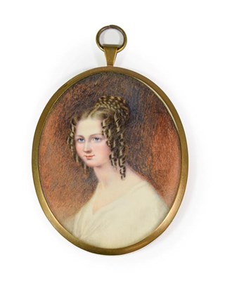 Lot 134 - English School (early 19th century): Miniature Bust Portrait of a Young Lady, with ringleted...