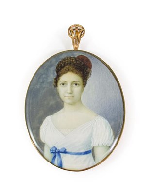 Lot 136 - Continental School (circa 1814): Miniature Bust Portrait of a Young Lady, her hair up, wearing...