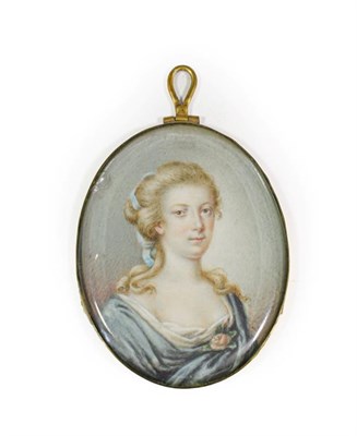 Lot 139 - Lundberg: Miniature Bust Portrait of a Hedvig Charlotta Nordenflycht, her hair tied with a blue...