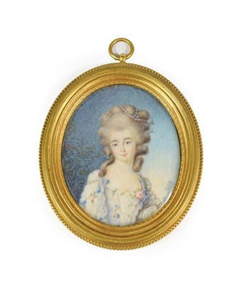 Lot 140 - French School (late 18th century): Miniature Bust Portrait of a Lady, with pearls in her hair,...