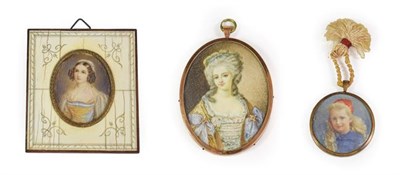 Lot 141 - Continental School: Miniature Bust Portrait of a Lady, in 18th century dress, a blue ribbon in...