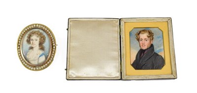Lot 147 - English School (early 19th century): Miniature Bust Portrait of a Gentleman, wearing a red...
