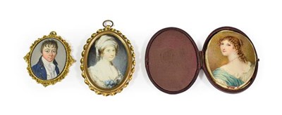 Lot 150 - English School (19th century): Miniature Bust Portrait of a Lady, wearing a white headscarf and...