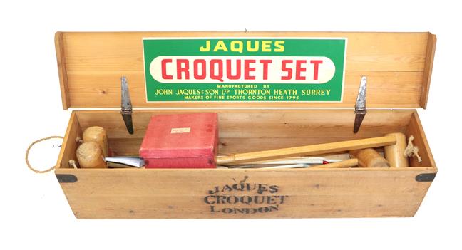 Lot 158 - A Late 20th Century Jaques Croquet Set, with pine hinged lid enclosing four mallets with...