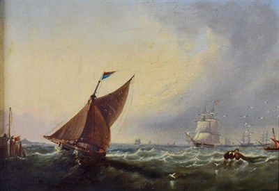 Lot 214 - Follower of KoekKoek (19th Century) Shipping off a pier on a breezy day Oil on canvas, 22cm by...