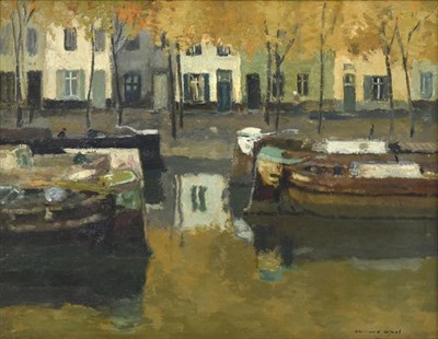 Lot 218 - Armand Apol (1879-1950) Belgian  Moored boats on a canal Signed, oil on canvas, 29.5cm by 38cm