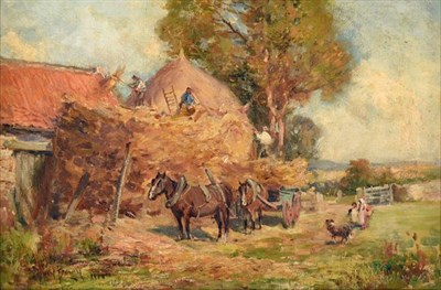 Lot 226 - Owen Bowen ROI, PRCamA (1873-1967) Building a Hayrick Signed and dated 1900, oil on canvas, 29cm by