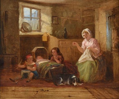 Lot 227 - Attributed to William Helmsley (1819-1906) Mother sewing in a cottage interior with children nearby