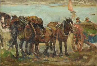 Lot 228 - Circle of James Kay RSW (1858-1942) Scottish  Horse team and loaded cart on a shore...