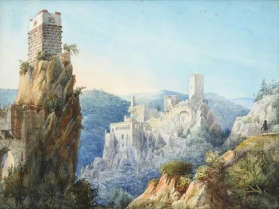 Lot 235 - Follower of William Havell (1782-1857)  A Grand tourist viewing a ruin in the Pyrenees Pencil...