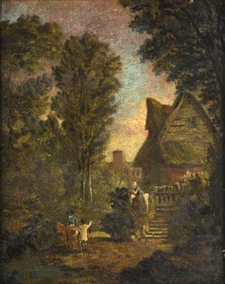 Lot 245 - Follower of George Morland (1763-1804)  Figures before a country house  Oil on panel, 26cm by 20cm