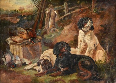 Lot 248 - Circle of John Emms (1844-1912) The days bag, Spaniels at rest Oil on canvas, 39cm by 55cm