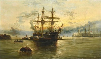Lot 256 - F Roberts (Englis,h late 19th/early 20th century)  Ships in the harbour Signed, oil on canvas, 29cm