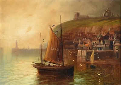 Lot 260 - Walter Meegan (1859-1944)  Fishing boat moored in Whitby harbour  Whitby Pier  Each signed, oil...