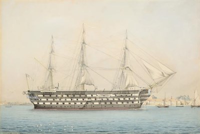 Lot 265 - Mackenzie Thomson (19th/20th century) A three decker warship in harbour Signed, watercolour,...