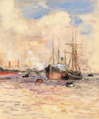 Lot 272 - Rowland Henry Hill (1873-1952) Ships moored off the coast Signed and dated 1911, watercolour,...