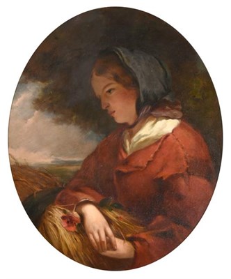 Lot 274 - Circle of J J Hill (1811-1882)  Portrait of a country girl with a sheath of corn Indistinctly...